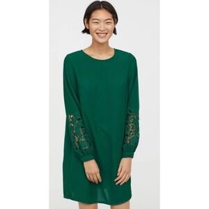 H&M Emerald Green Shift Dress Long Sleeve Floral Eyelet Lace Cut Out Mini Dress